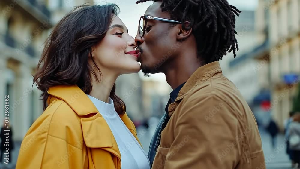 A man and a woman are kissing in the street. The man is wearing glasses and the woman is wearing a yellow coat A man and a woman are kissing in the street. The man is wearing glasses and the woman is wearing a yellow coat