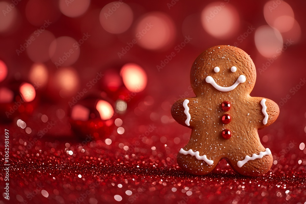 Cheerful Christmas gingerbread cookie man on festive red background. Generative AI. Cheerful Christmas gingerbread cookie man on festive red background. Generative AI.