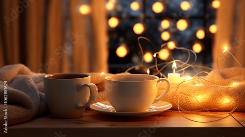 Two white mugs sit on a wooden table beside a fuzzy blanket and string lights. The warm glow of the lights creates a cozy atmosphere.