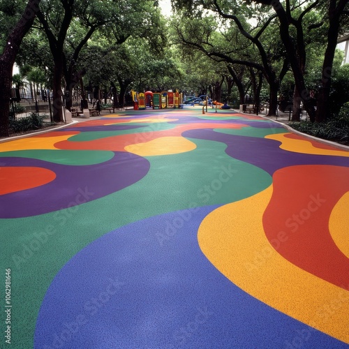 Colorful playground surface with abstract patterns in a tree-lined park.