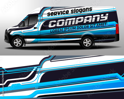 Delivery van vector design. Car sticker. Car design development for the company. Black with blue background with white stripes for car vinyl decal