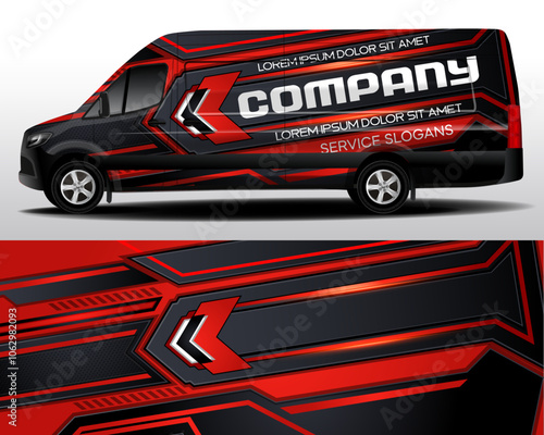 Car design development for the company. Vector design of delivery van. Car sticker. Black with red background for car vinyl sticker.