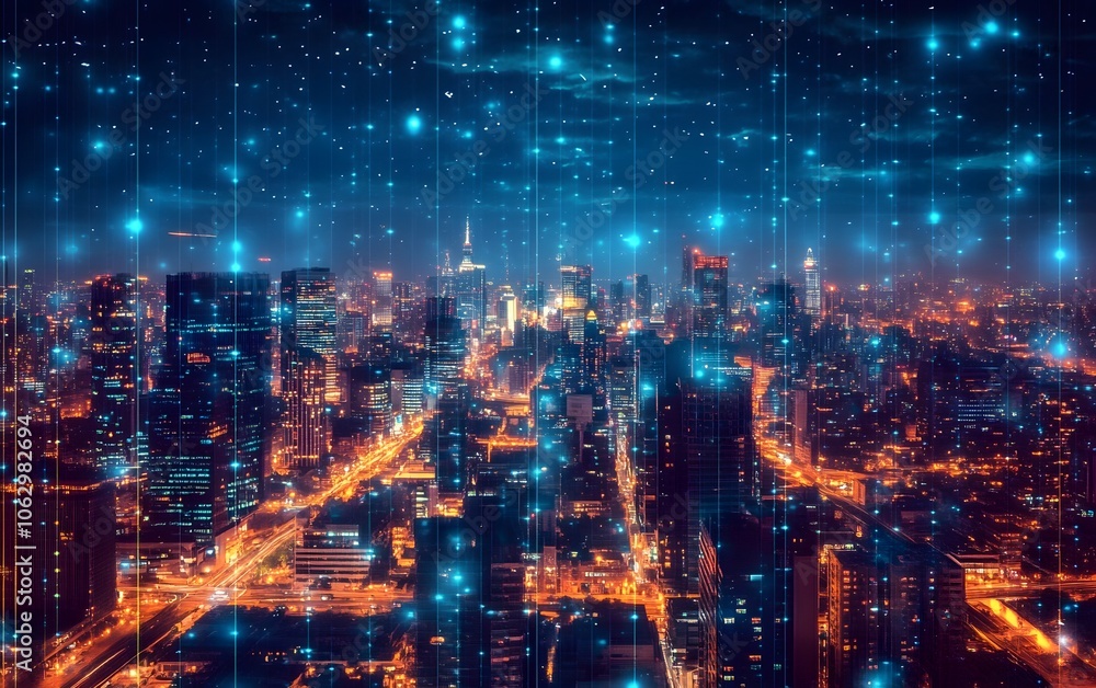 Stunning aerial view of a futuristic city illuminated by vibrant lights and digital patterns in a starry night sky. Stunning aerial view of a futuristic city illuminated by vibrant lights and digital patterns in a starry night sky.