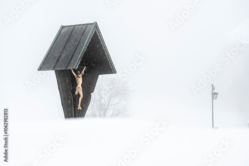 Winter atmosphere. Inside a thick snowfall. Sappada, Dolomites.