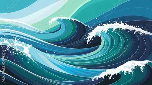 Fototapeta Naklejka Na Ścianę i Meble -  An abstract illustration of ocean waves with a palette of blues and greens.