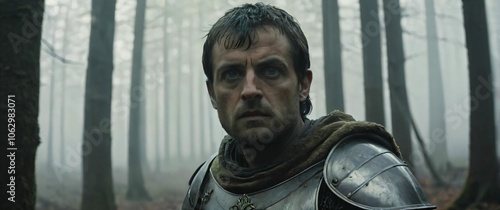 Close up of a man in medieval armor standing in a misty forest photo