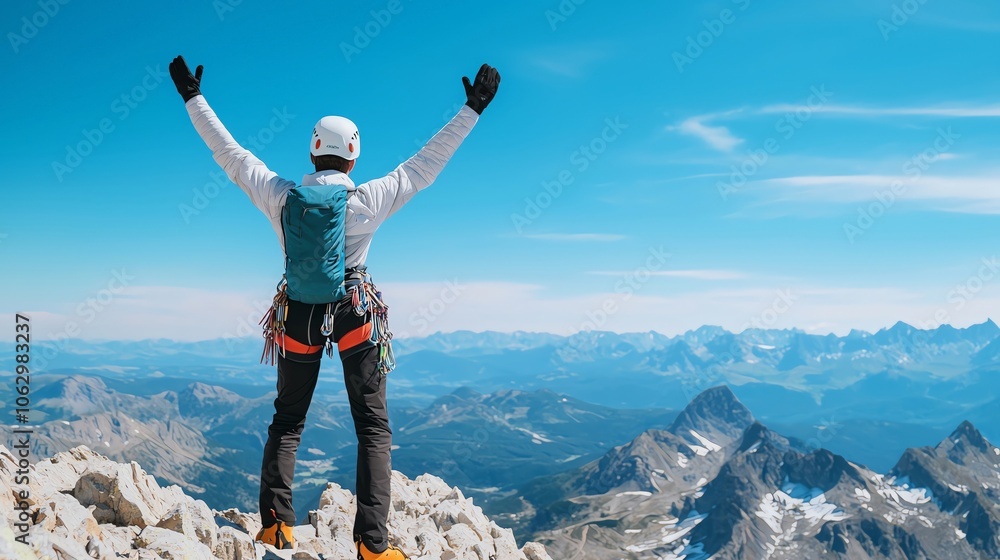 Adventure climber celebrating at mountain summit under clear blue sky. Adventure climber celebrating at mountain summit under clear blue sky.