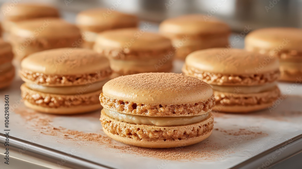 Close-up of caramel-colored macarons with crispy shells, showcasing their delicate texture and creamy filling for an indulgent treat. Close-up of caramel-colored macarons with crispy shells, showcasing their delicate texture and creamy filling for an indulgent treat.