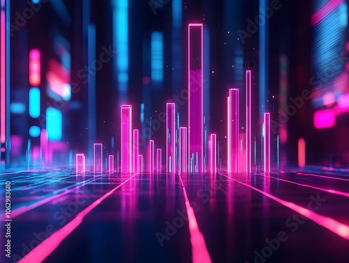 Wallpaper Mural Vibrant digital landscape featuring neon bars and lines, creating a futuristic soundwave effect in a high-tech environment. Torontodigital.ca