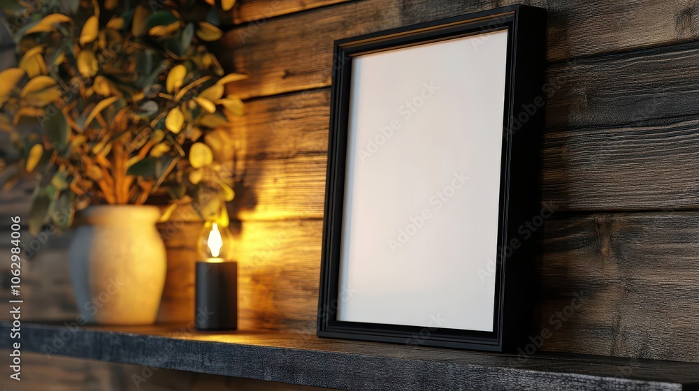 A minimalist shelf display featuring a blank frame, a small candle, and a decorative plant against a textured wooden background. A minimalist shelf display featuring a blank frame, a small candle, and a decorative plant against a textured wooden background.