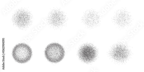 Grainy gradient circles set in stipple effect. Sand noise shapes background with grain dots. Abstract spheres, spray, black rounds, dotwork texture on white background. Isolated vector illustration.