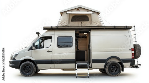  Modern camper van with pop-up roof, open side door, and step ladder, ready for camping and outdoor adventures.