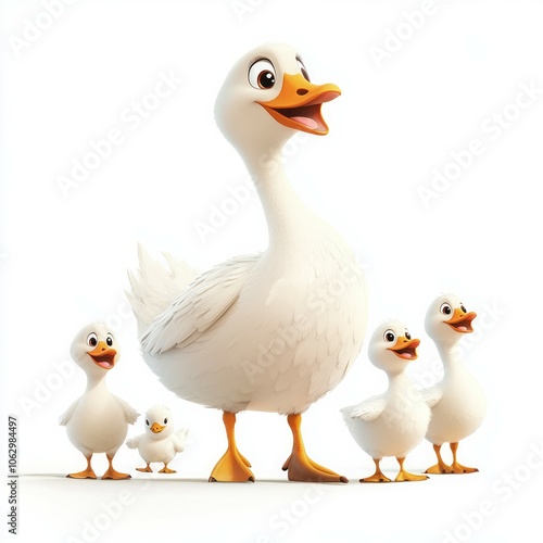 Happy cute mother goose and baby geese illustration on a white background