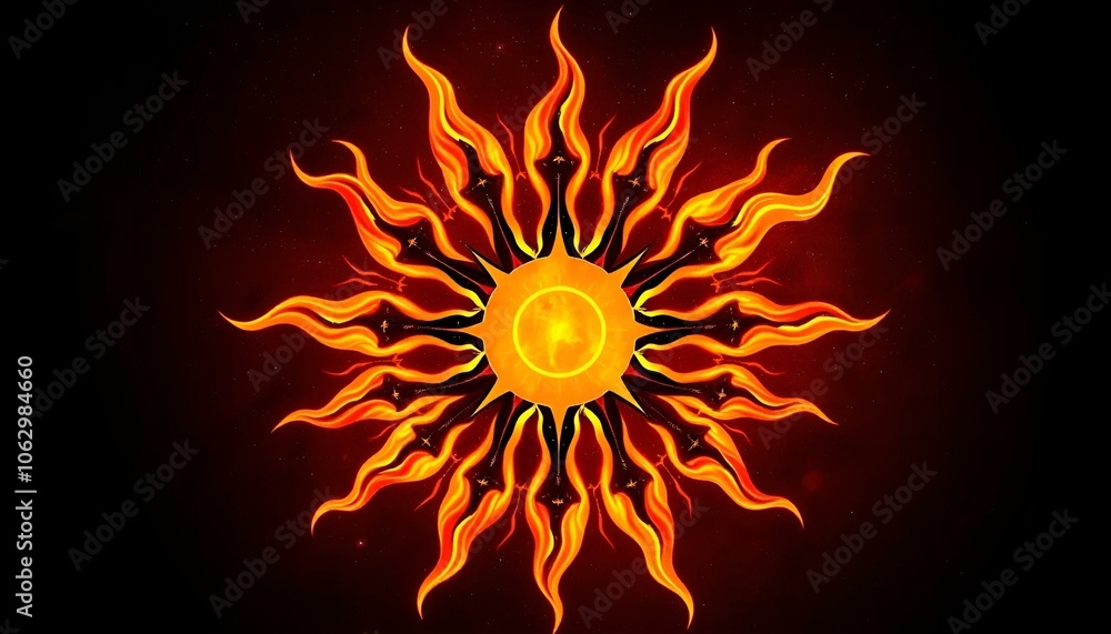Artistic sun design with fiery rays on a dark background
Artistic sun design with fiery rays on a dark background