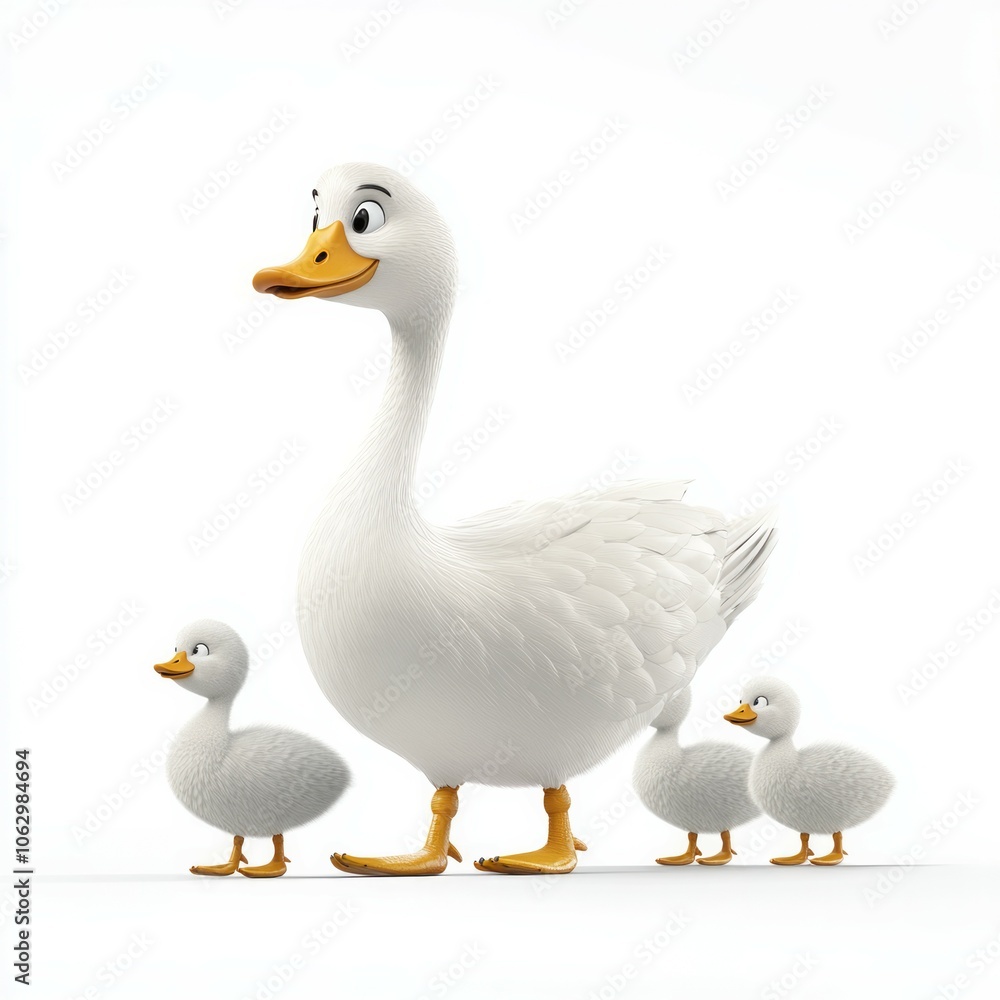 Happy cute mother goose and baby geese illustration on a white background Happy cute mother goose and baby geese illustration on a white background