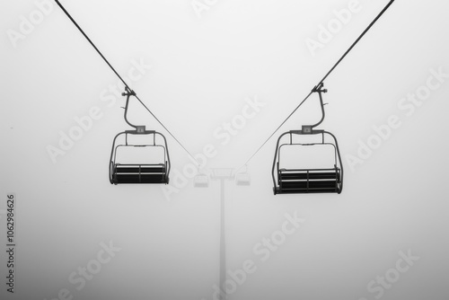 Misty Cable Car Chairs on a Snowy Mountain, Emphasizing Minimalism and Isolation in a Foggy Landscape, Perfect for Travel and Adventure Themes. photo