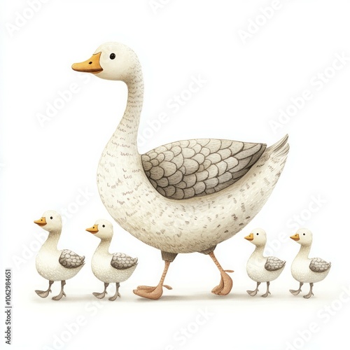 Happy cute mother goose and baby geese illustration on a white background