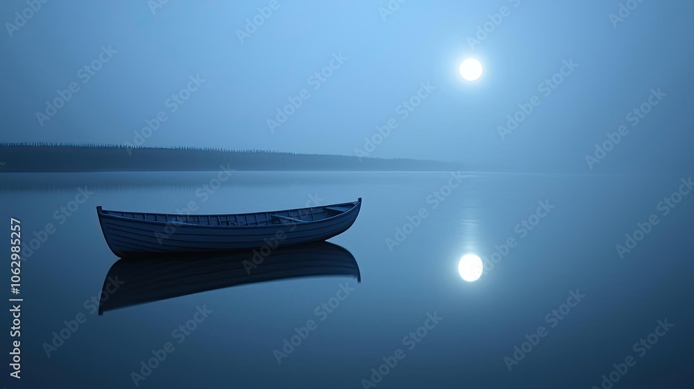 Misty lake landscape with a solitary boat under a full moon, tranquil and serene. Misty lake landscape with a solitary boat under a full moon, tranquil and serene.