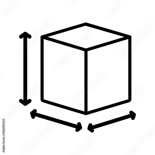 Cube size icon. Box dimension measurement. Height, width, length. Outlined vector design isolated illustration.