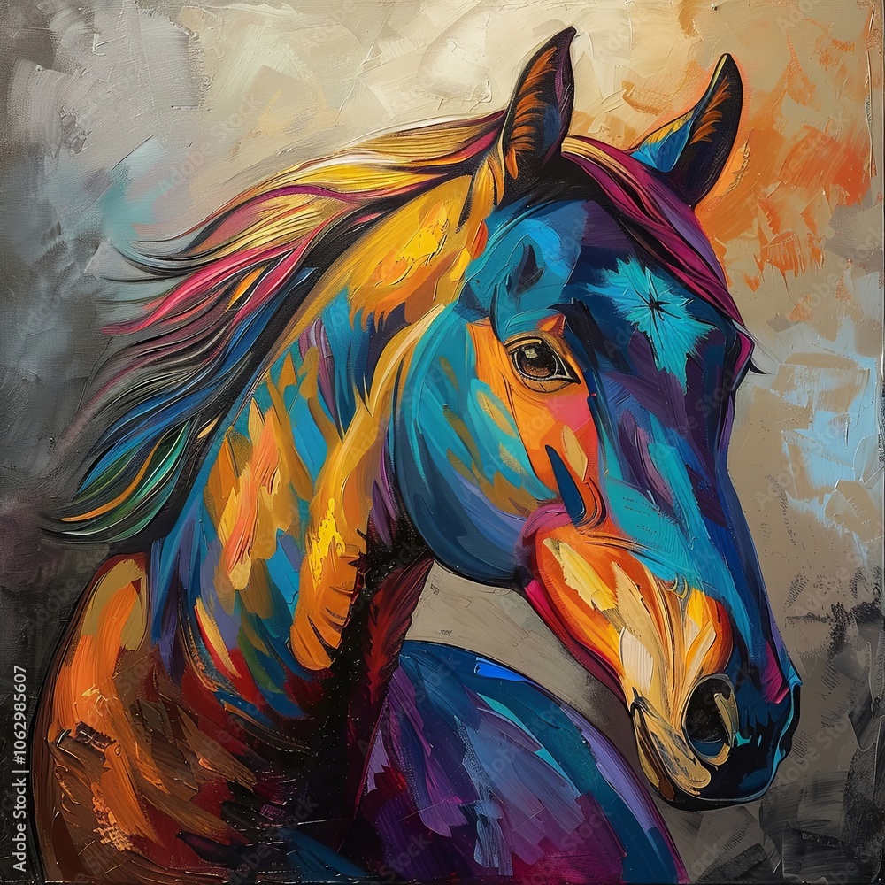 Fototapeta Vibrant Abstract Horse Portrait: Colorful Expression of Equine Beauty with Bold Brushstrokes and Dynamic Colors, Perfect for Art and Animal Enthusiasts.