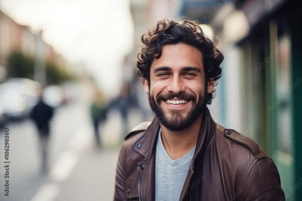 Portrait of a handsome young man smiling at the camera on the street Portrait of a handsome young man smiling at the camera on the street