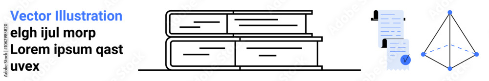 Stack of books in black outlines, document with blue checkmarks, geometric shape diagram. Ideal for education, learning, school projects, academic materials, instructional design, study aids Stack of books in black outlines, document with blue checkmarks, geometric shape diagram. Ideal for education, learning, school projects, academic materials, instructional design, study aids