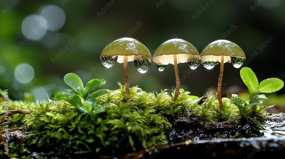 Fototapeta premium Closeup of dewdropcovered moss, vibrant greens, sharp texture, high contrast, earthy tones, natural simplicity