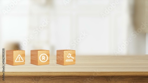 Copyright legal concept, wooden block with copyright and legal icon for author rights and patented intellectual property. copyleft trademark license, Copyright or patent. photo