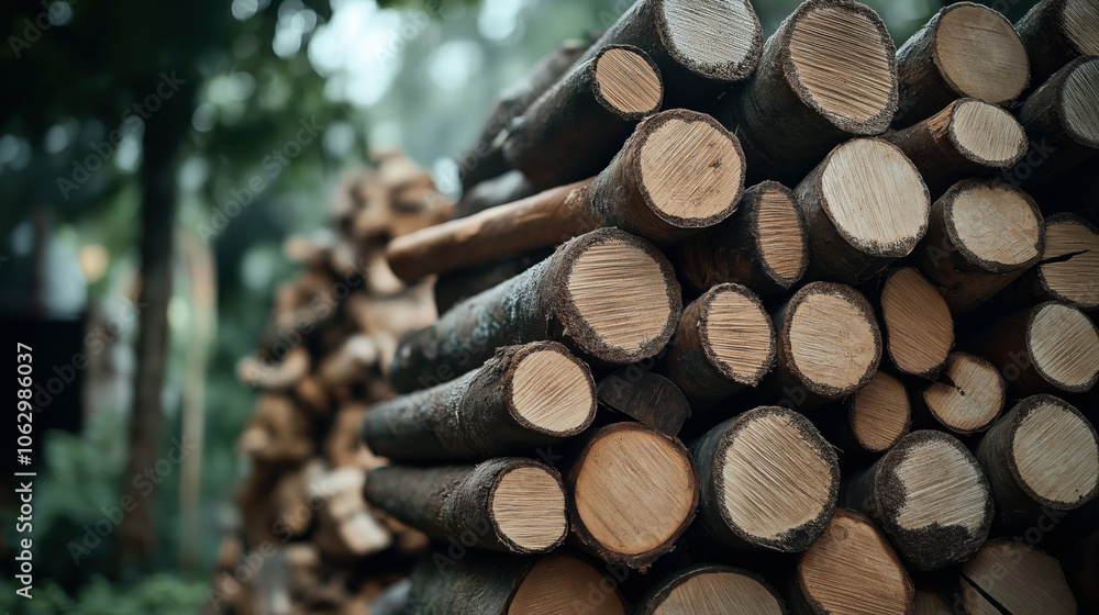 Close-up view of stacked cut logs in a forest setting, showcasing natural wood textures and circular cross-sections, against a blurred green background. Close-up view of stacked cut logs in a forest setting, showcasing natural wood textures and circular cross-sections, against a blurred green background.