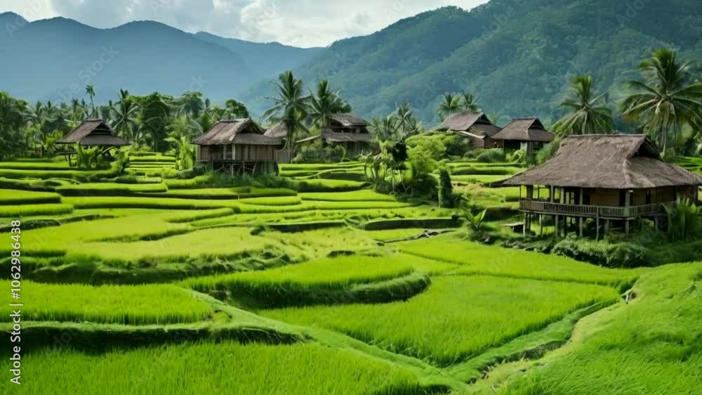 Lush green rice terraces with traditional huts amidst mountains and palm trees. Lush green rice terraces with traditional huts amidst mountains and palm trees.