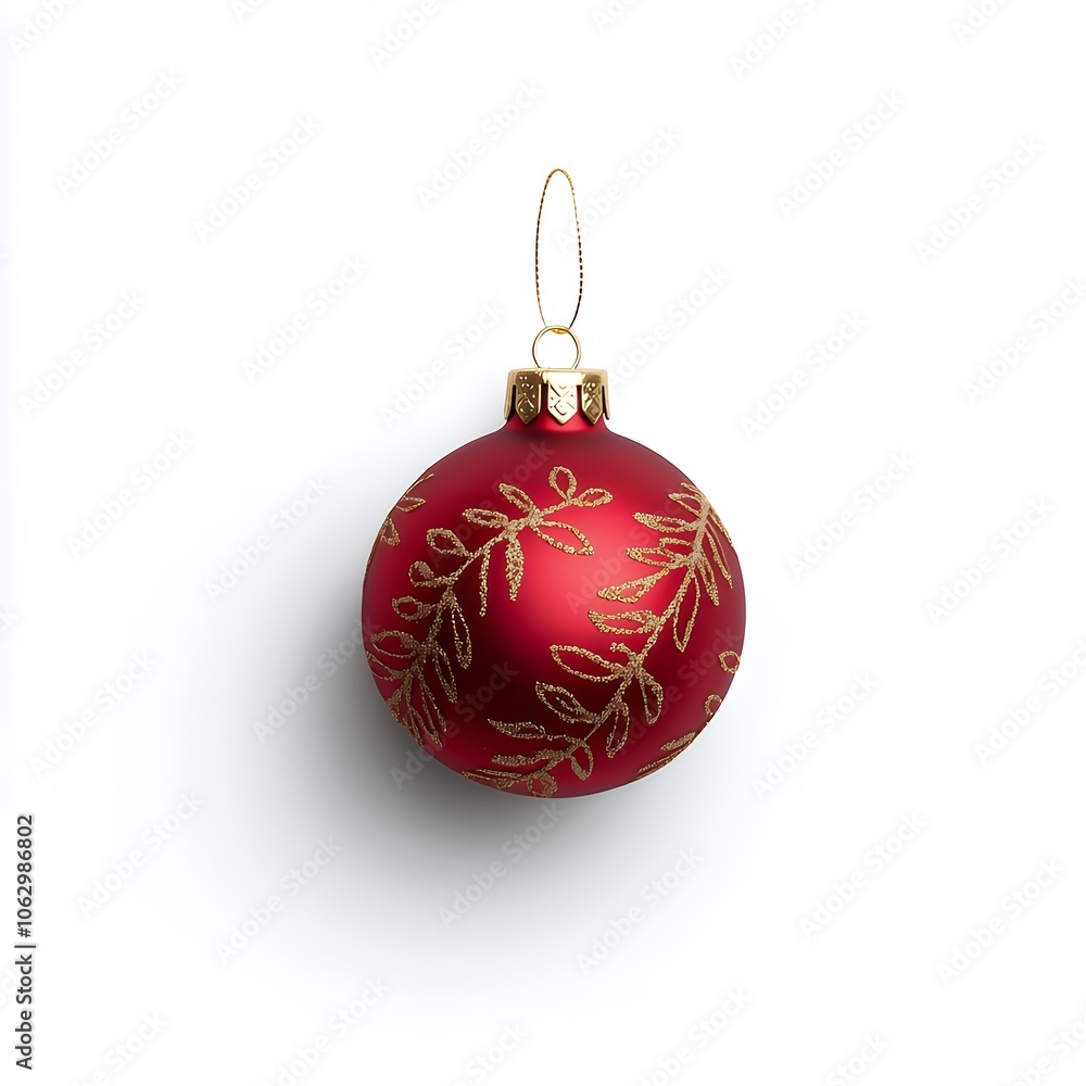 A single red Christmas ornament with gold leaf design on a white background.