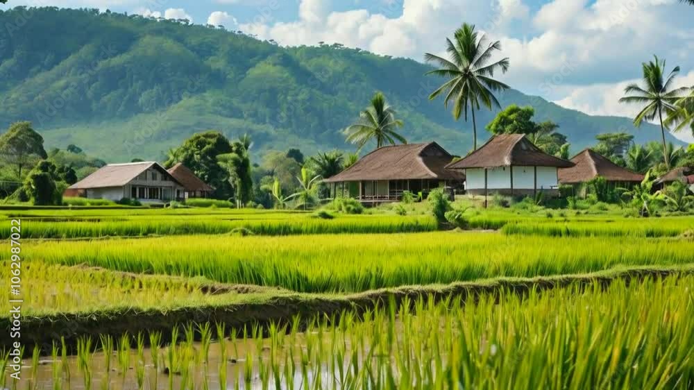 Serene rice fields with traditional houses against a lush mountain backdrop. Serene rice fields with traditional houses against a lush mountain backdrop.