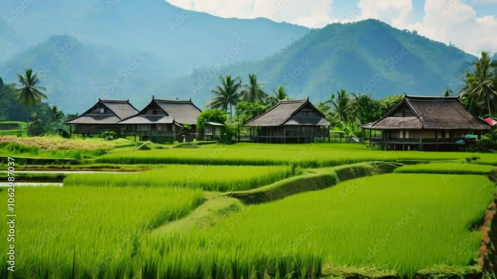 Lush green rice fields with traditional houses set against a mountainous backdrop. Lush green rice fields with traditional houses set against a mountainous backdrop.