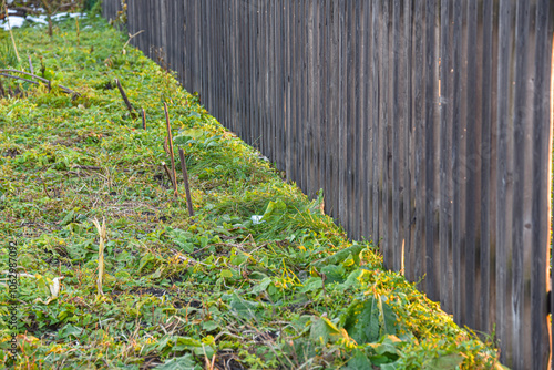Wooden fence made of grey picket fence.