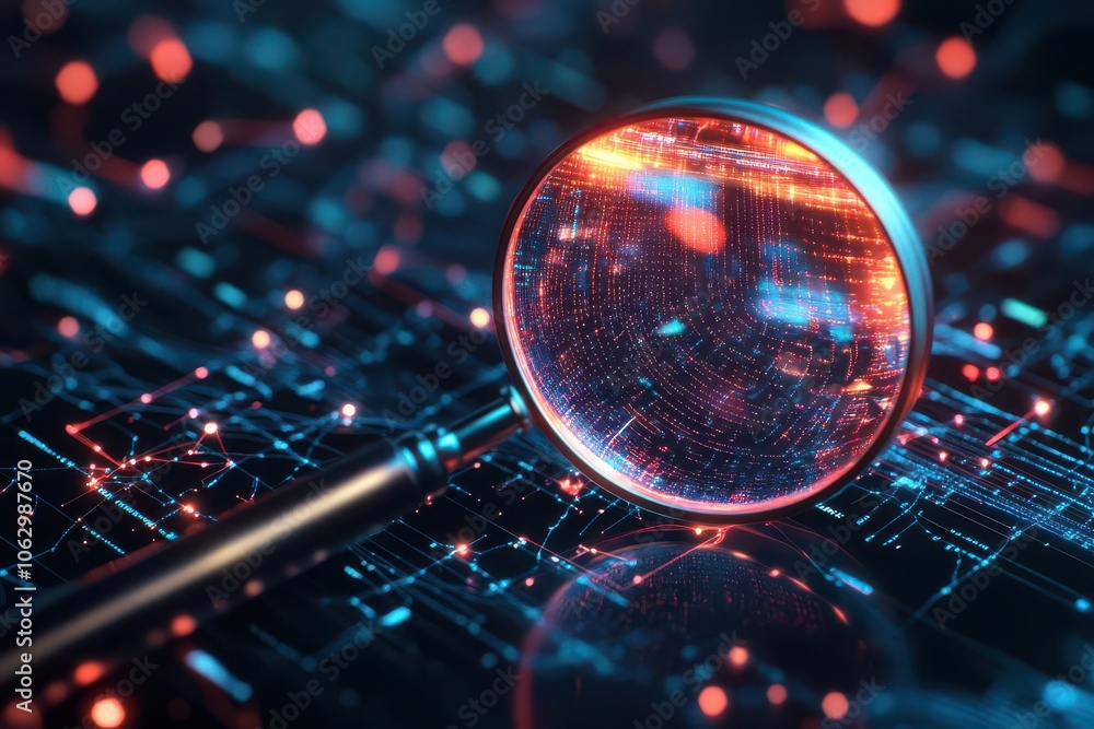 Magnifying glass over data for quality analysis, abstract data inspection, 3D illustration Magnifying glass over data for quality analysis, abstract data inspection, 3D illustration