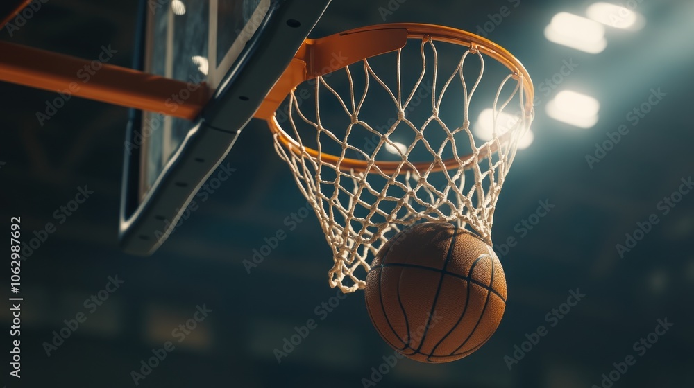 A basketball is about to enter a hoop in a sports arena. A basketball is about to enter a hoop in a sports arena.