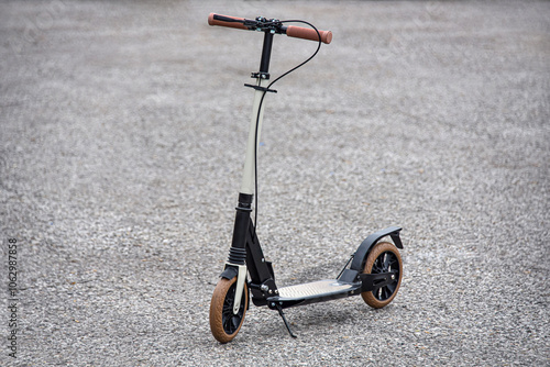 The folding scooter stands on the asphalt.