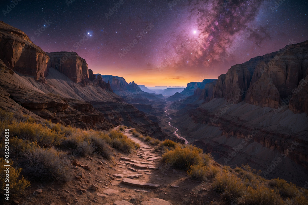 Obraz premium Steep path near canyon under a golden planet; faint cosmic mist and eerie purple glow create a mystical sky