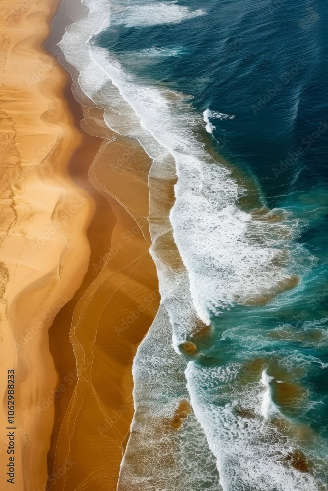 Stunning Aerial View of Sandy Beach Merging with Turquoise Ocean Waves, Showcasing Textured Shoreline and Captivating Coastal Patterns Stunning Aerial View of Sandy Beach Merging with Turquoise Ocean Waves, Showcasing Textured Shoreline and Captivating Coastal Patterns