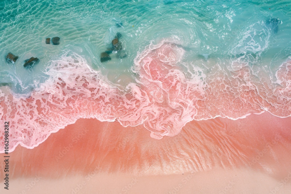 Fototapeta premium Stunning Aerial View of Serene Waves Gently Lapping Against a Pink Sandy Shoreline with Crystal Clear Turquoise Waters and Rock Formations Beneath