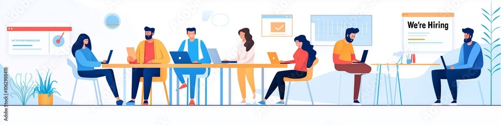 A diverse group of professionals collaborating in a bright office setting, focused on laptops and presenting ideas effectively. A diverse group of professionals collaborating in a bright office setting, focused on laptops and presenting ideas effectively.