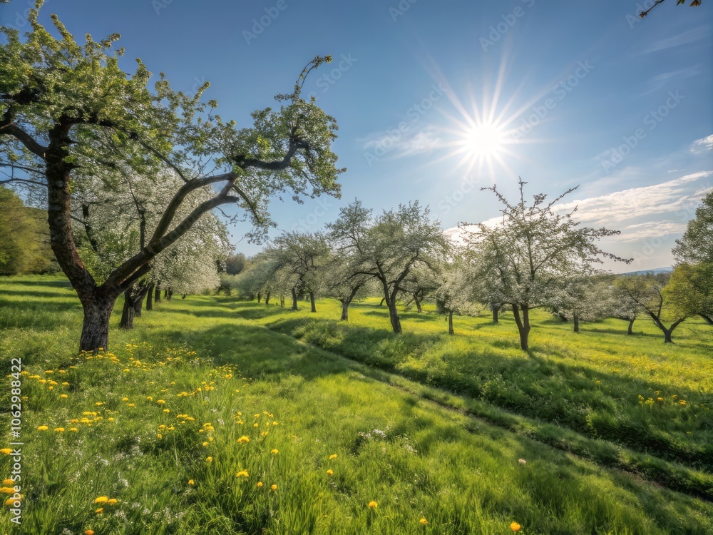 Fototapeta premium Breathtaking Vibrant Green Meadow Under Brilliant Sunlight in a Stunning Natural Landscape Scene