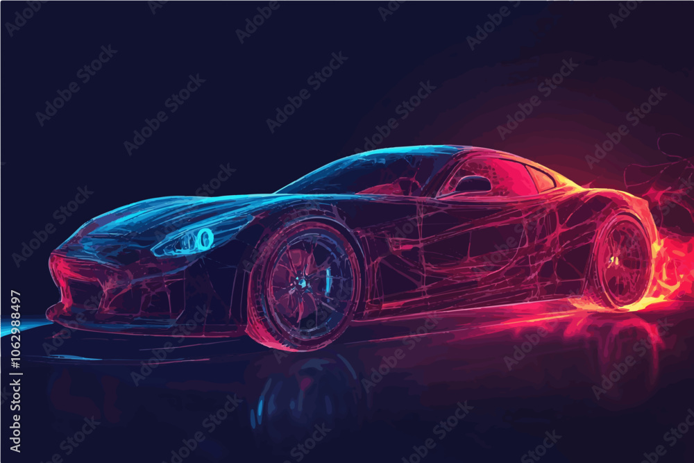Vector art of a futuristic sports car with glowing blue and red neon lines, emphasizing speed and style. Vector art of a futuristic sports car with glowing blue and red neon lines, emphasizing speed and style.