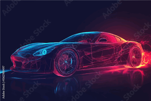 Vector art of a futuristic sports car with glowing blue and red neon lines, emphasizing speed and style.