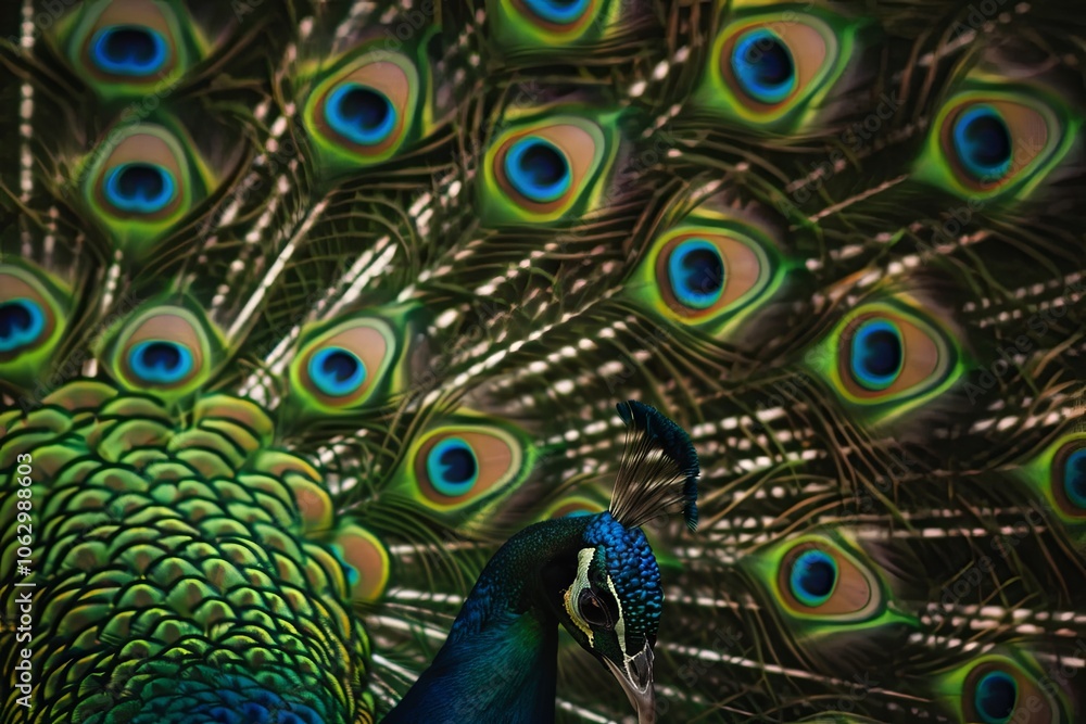 Obraz premium Stunning Peacock with Vibrant Plumage Displaying Majestic Feathers in a Natural Setting, Capturing the Beauty of Wildlife and Natures Colors