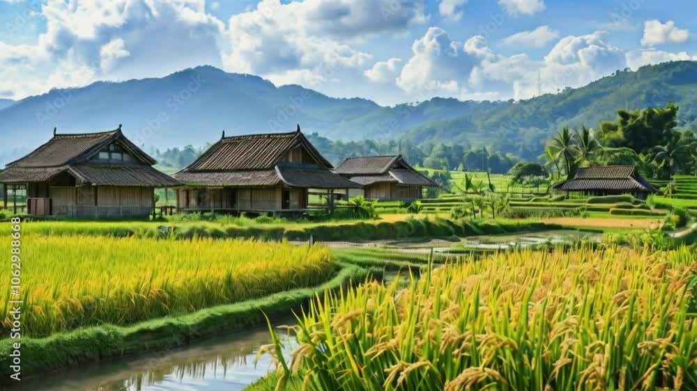 Lush green rice fields with traditional houses and mountains under a blue sky. Lush green rice fields with traditional houses and mountains under a blue sky.