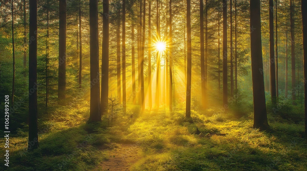 Fototapeta premium Sunbeams breaking through the trees in a misty forest.