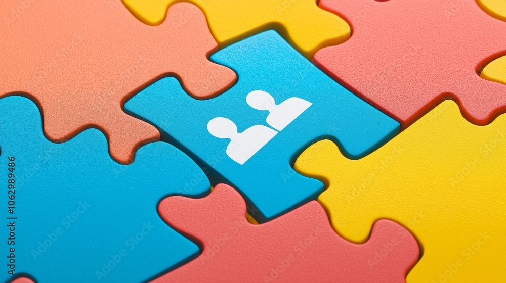 Fototapeta premium Colorful puzzle pieces with a blue piece featuring two icons symbolizing teamwork and collaboration.
