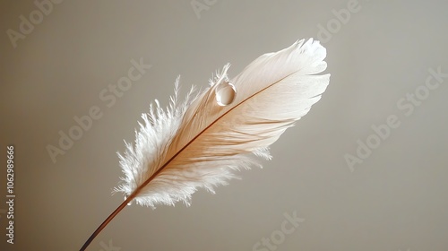 Isolated dewdrop on feather, vibrant contrast, soft blurred background, unique natural detail, highdefinition clarity