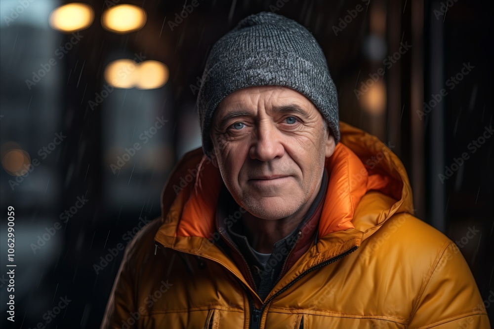 Portrait of an elderly man in a yellow jacket and a knitted hat. Portrait of an elderly man in a yellow jacket and a knitted hat.
